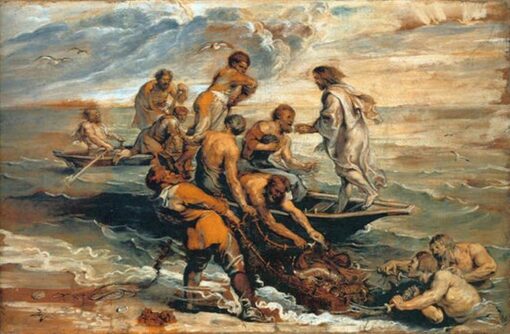 Miraculous Fishing by Peter Paul Rubens – Baroque Religious Oil Painting on Cardboard