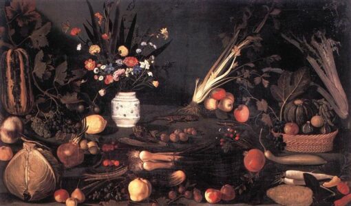 Still Life with Flowers and Fruit” by Caravaggio – 1601 Oil Painting Reproduction | Beautiful Hand-Painted Canvas Artwork for Art Collectors